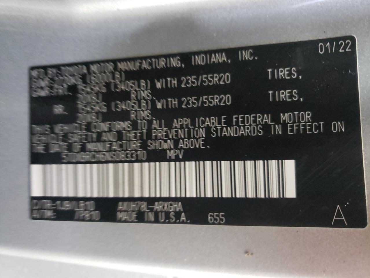 2022 TOYOTA HIGHLANDER HYBRID LIMITED VIN:5TDXBRCH6NS083310