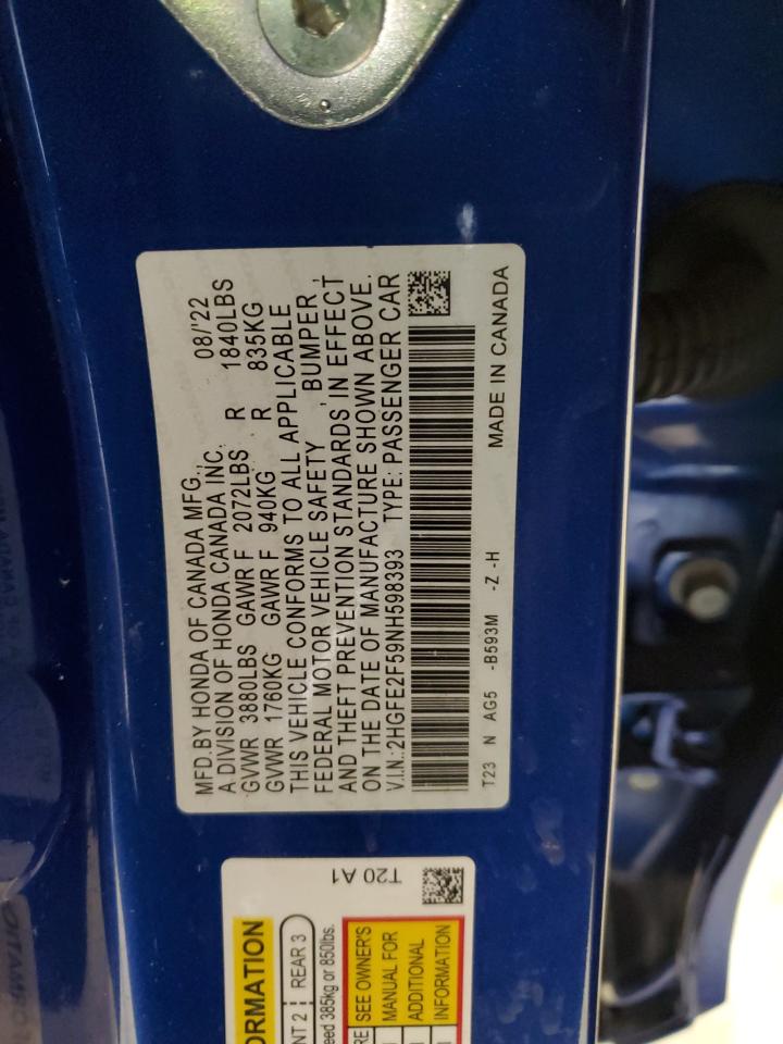 2022 HONDA CIVIC SPORT VIN:2HGFE2F59NH598393