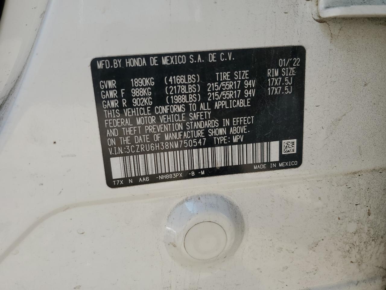 2022 HONDA HR-V LX VIN:3CZRU6H38NM750547