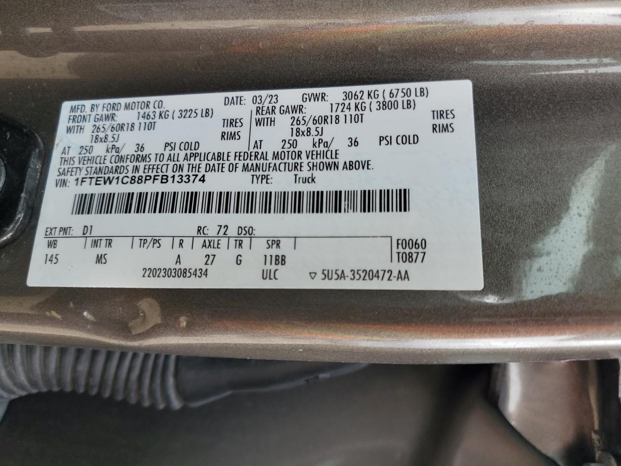 2023 FORD F150 SUPERCREW VIN:1FTEW1C88PFB13374