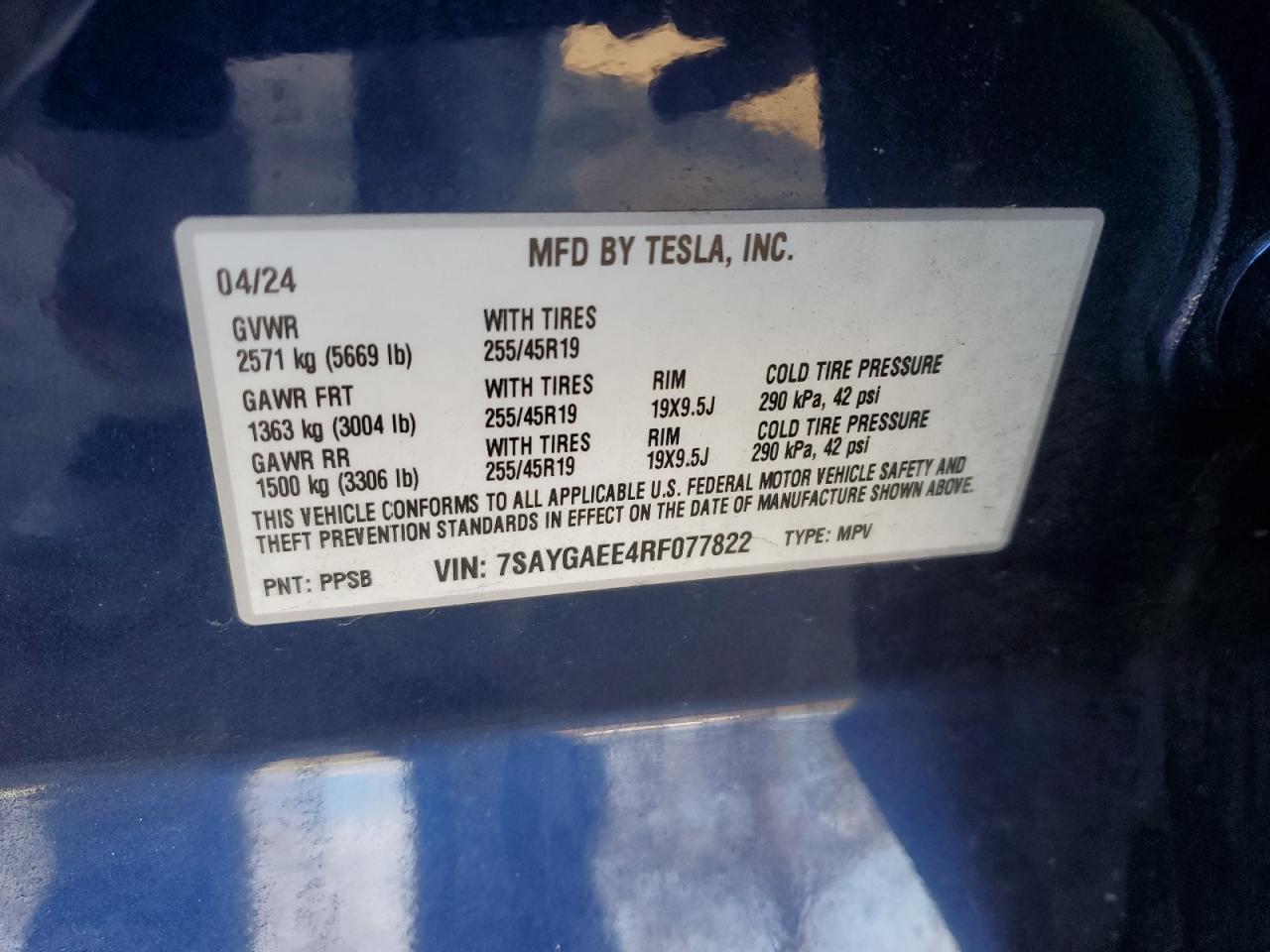 2024 TESLA MODEL Y  VIN:7SAYGAEE4RF077822