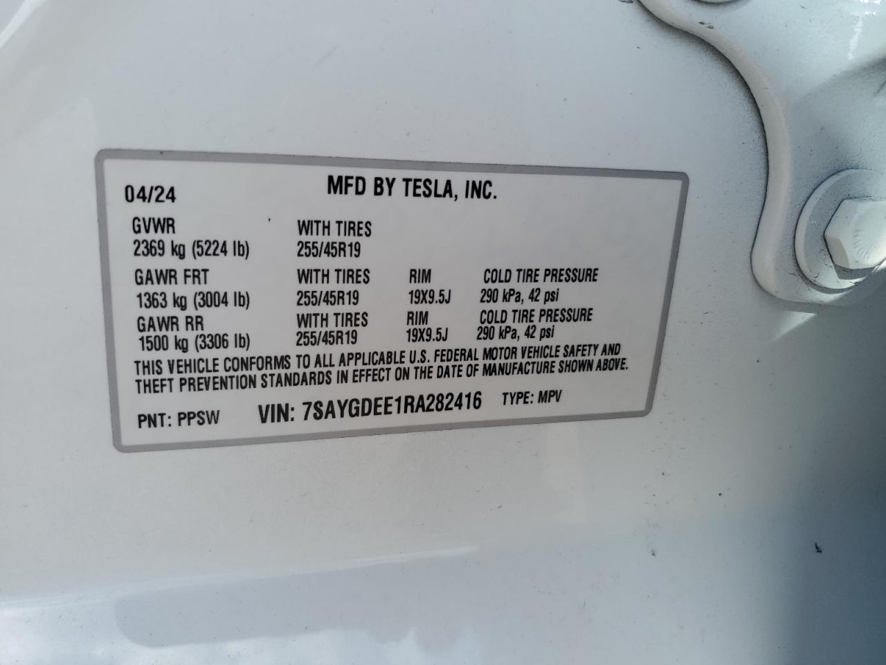 2024 TESLA MODEL Y  VIN:7SAYGDEE1RA282416