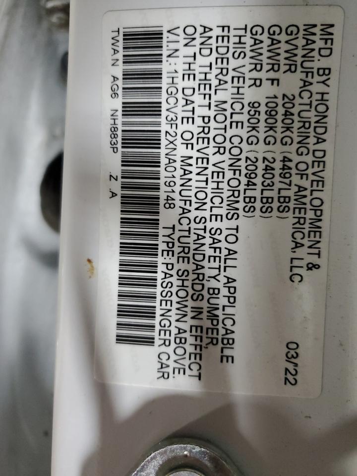 2022 HONDA ACCORD HYBRID SPORT VIN:1HGCV3F2XNA019148