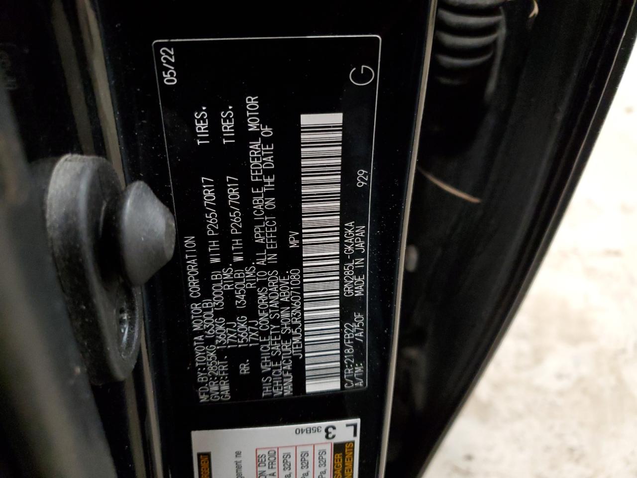 2022 TOYOTA 4RUNNER SR5/SR5 PREMIUM VIN:JTEMU5JR3N6071080