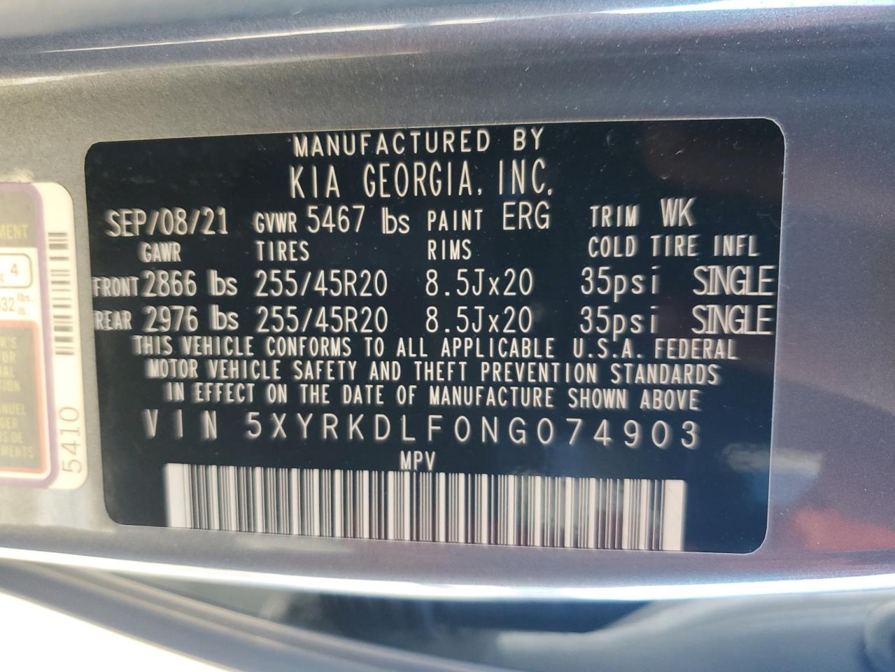 2022 KIA SORENTO SX VIN:5XYRKDLF0NG074903
