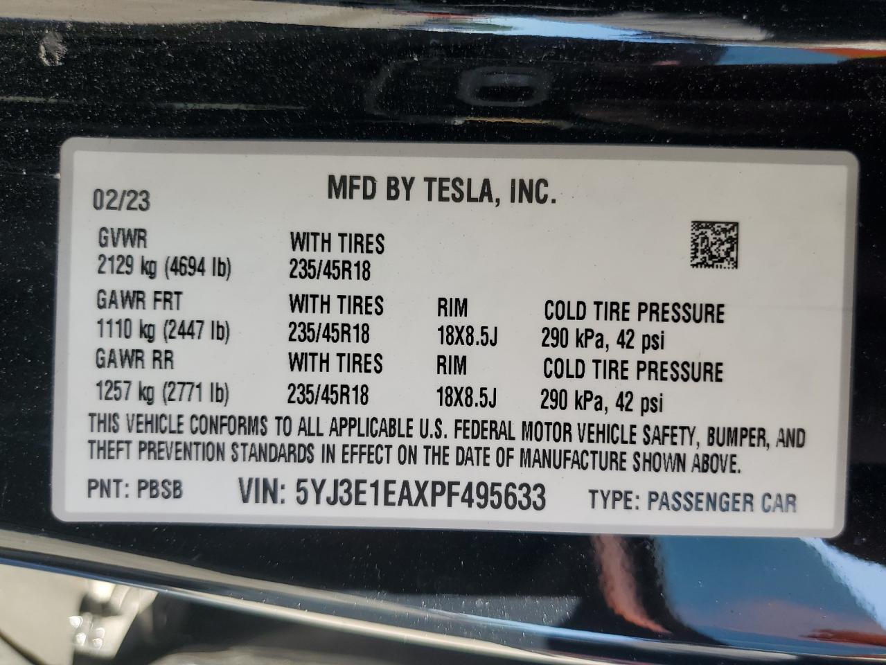 2023 TESLA MODEL 3  VIN:5YJ3E1EAXPF495633