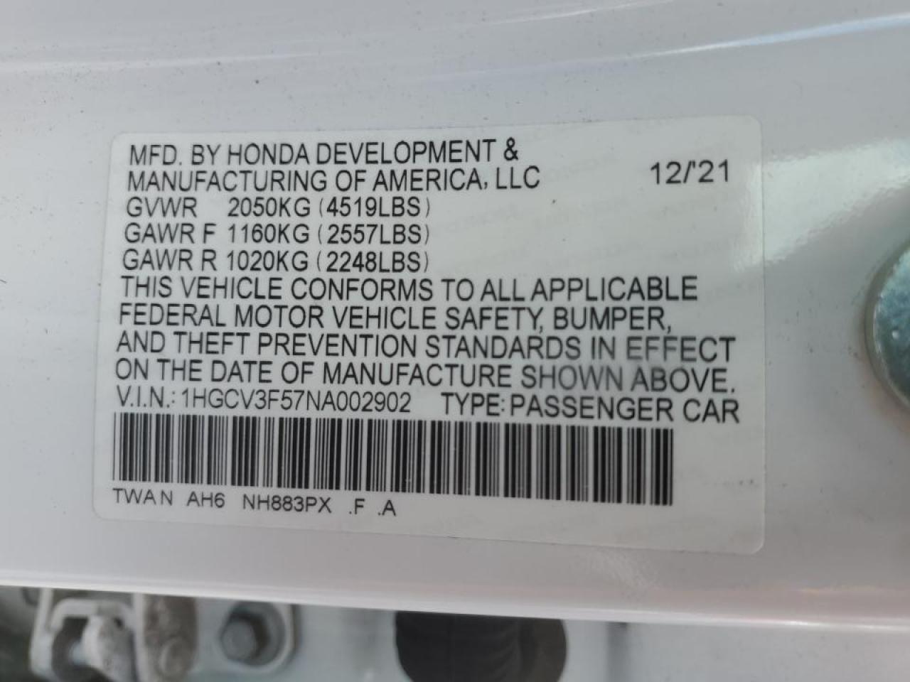 2022 HONDA ACCORD HYBRID EXL VIN:1HGCV3F57NA002902