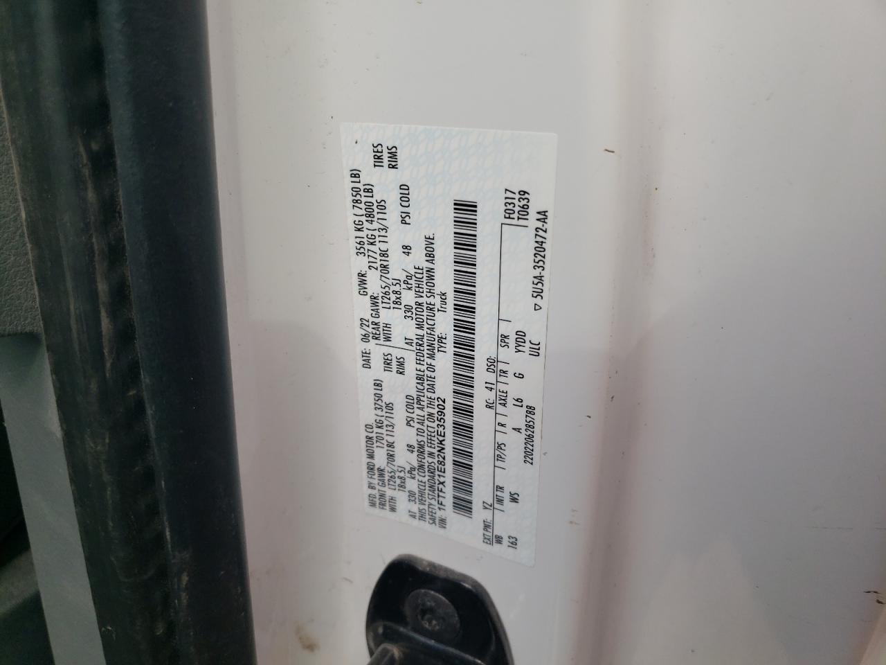 2022 FORD F150 SUPER CAB VIN:1FTFX1E82NKE35902