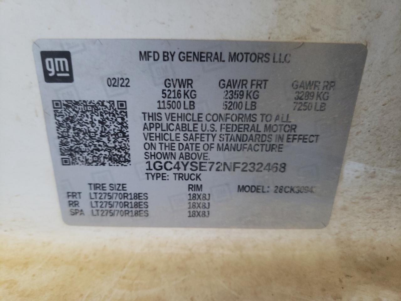 2022 CHEVROLET SILVERADO K3500 VIN:1GC4YSE72NF232468