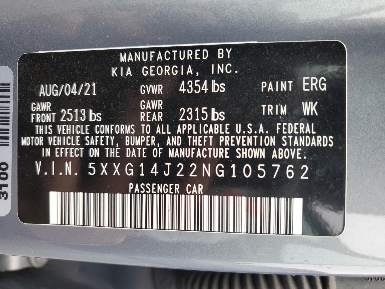 2022 KIA K5 LXS VIN:5XXG14J22NG105762