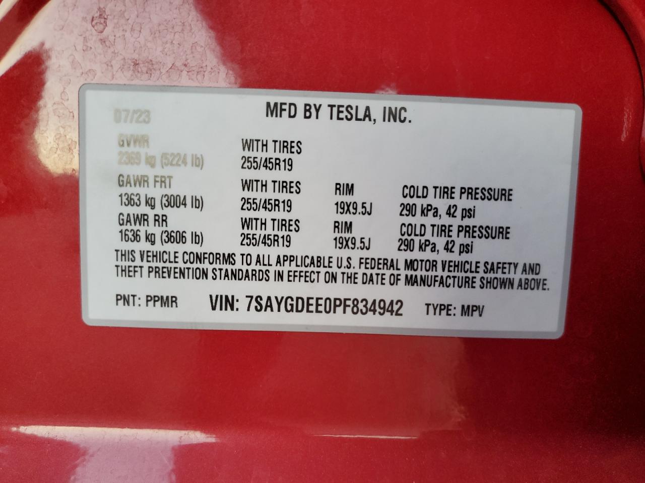 2023 TESLA MODEL Y  VIN:7SAYGDEE0PF834942