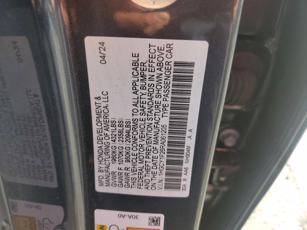 2024 HONDA ACCORD LX VIN:1HGCY1F26RA061205