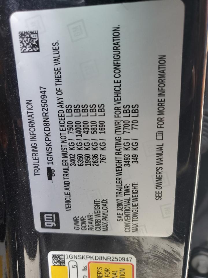 2022 CHEVROLET TAHOE K1500 Z71 VIN:1GNSKPKD8NR250947