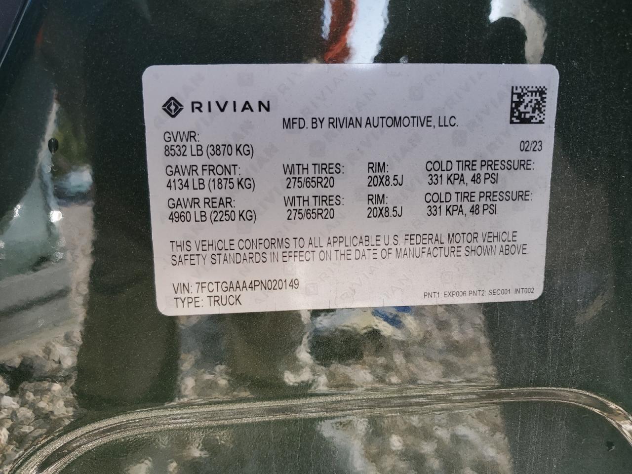 2023 RIVIAN R1T ADVENTURE VIN:7FCTGAAA4PN020149