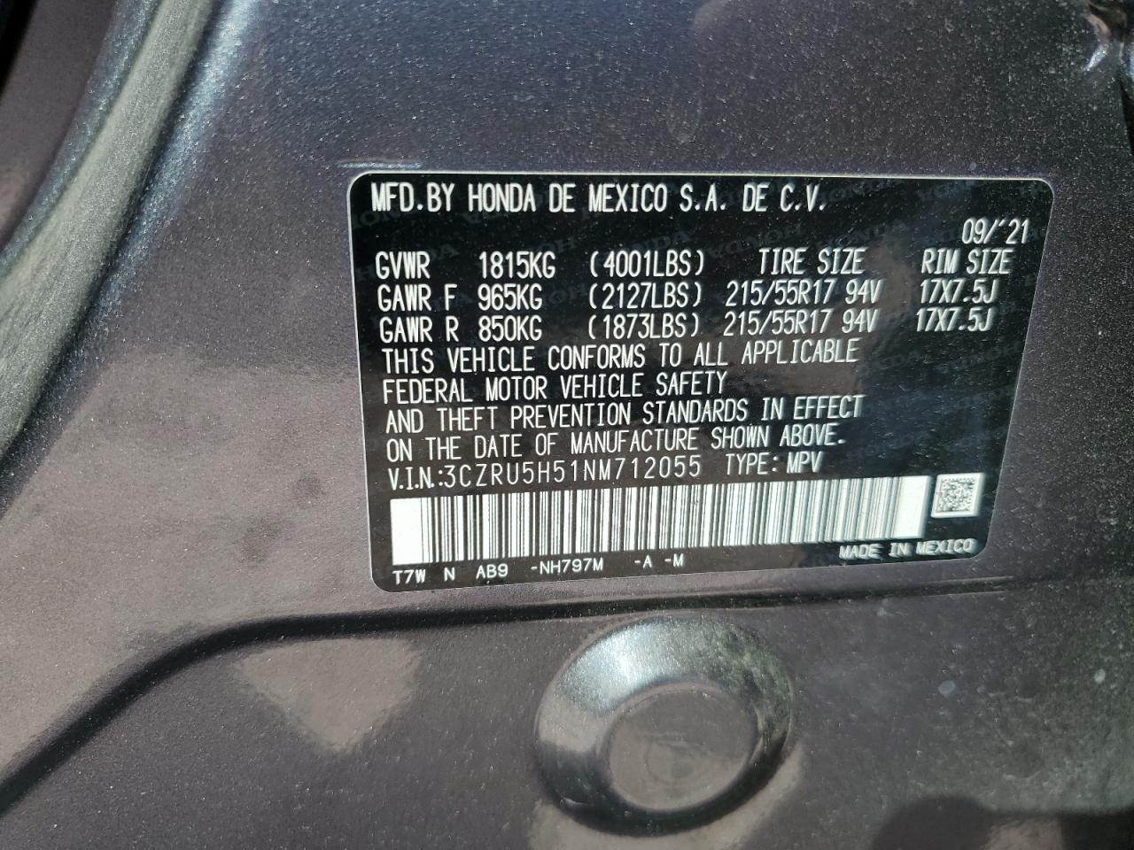 2022 HONDA HR-V EX VIN:3CZRU5H51NM712055