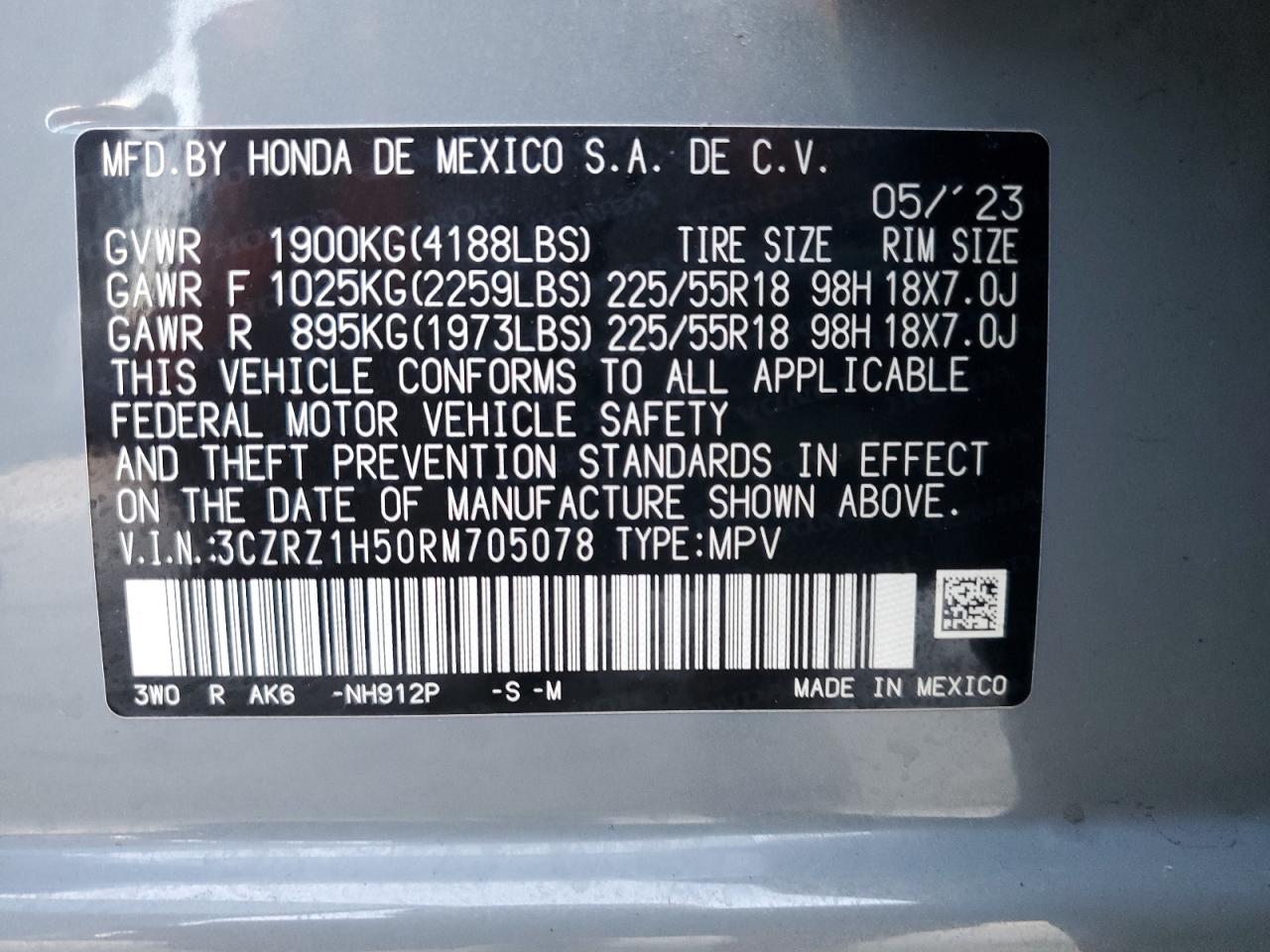 2024 HONDA HR-V SPORT VIN:3CZRZ1H50RM705078