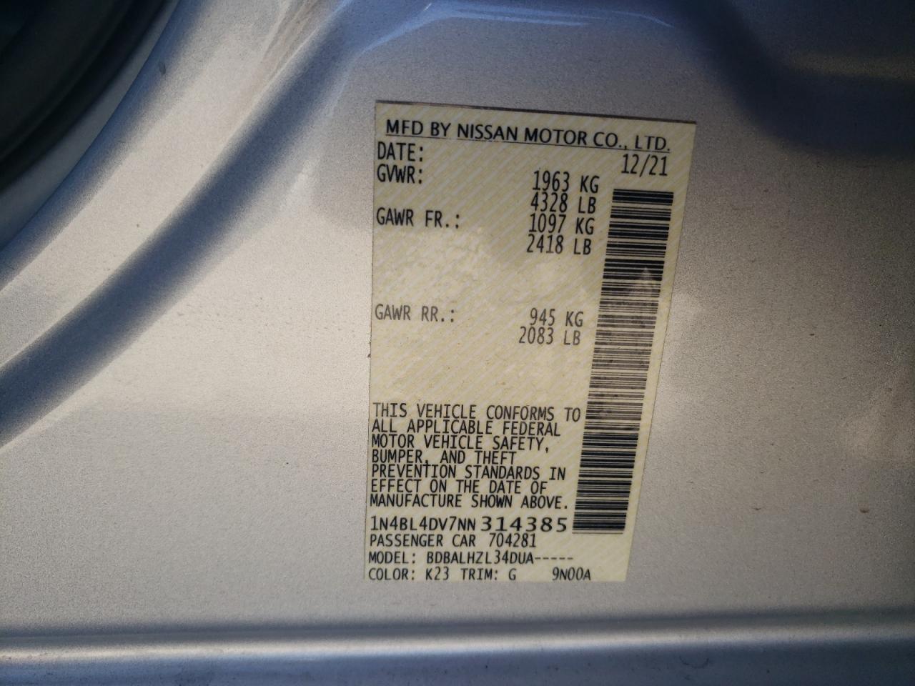 2022 NISSAN ALTIMA SV VIN:1N4BL4DV7NN314385