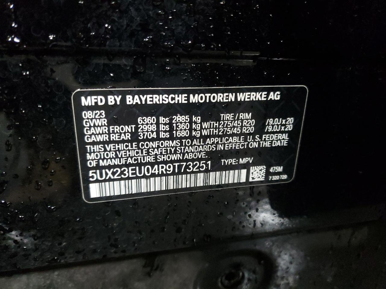 2024 BMW X5 XDRIVE40I VIN:5UX23EU04R9T73251