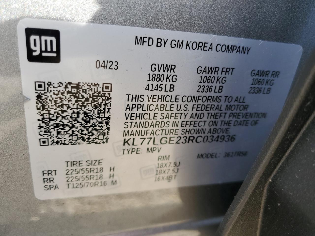 2024 CHEVROLET TRAX 1RS VIN:KL77LGE23RC034936