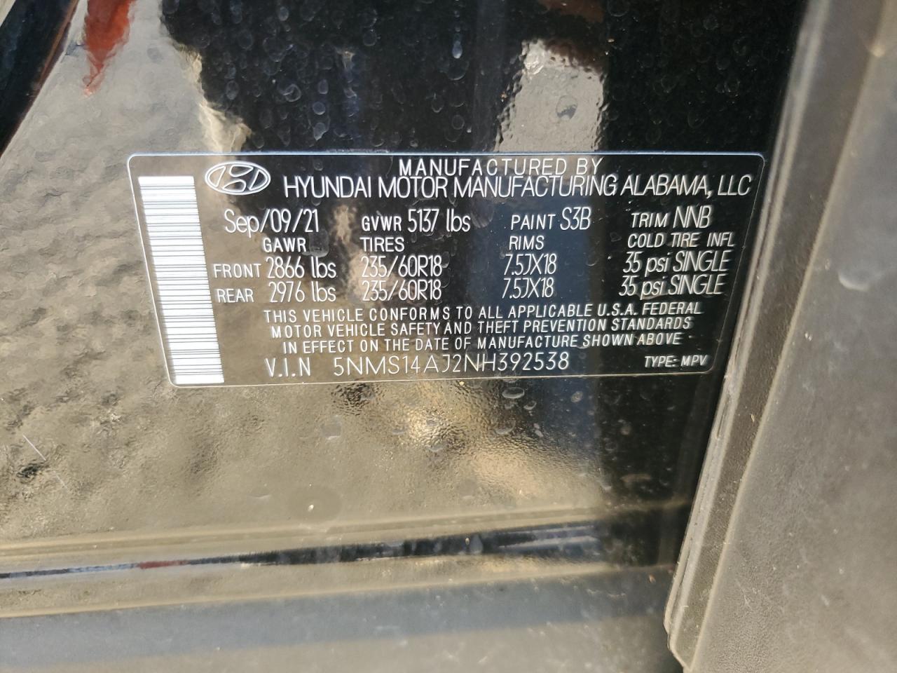 2022 HYUNDAI SANTA FE SE VIN:5NMS14AJ2NH392538