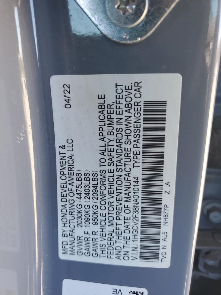 2022 HONDA ACCORD SPORT VIN:1HGCV2F38NA010144