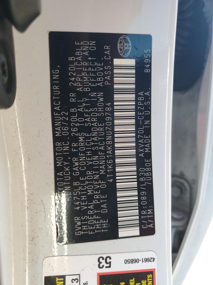 2022 TOYOTA CAMRY XSE VIN:4T1K61AK8NU709784