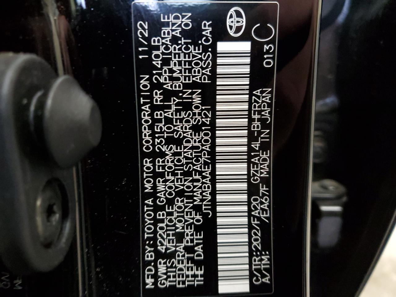 2023 TOYOTA GR COROLLA CORE VIN:JTNABAAE7PA001421