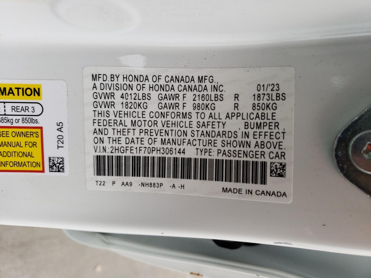2023 HONDA CIVIC EX VIN:2HGFE1F70PH306144