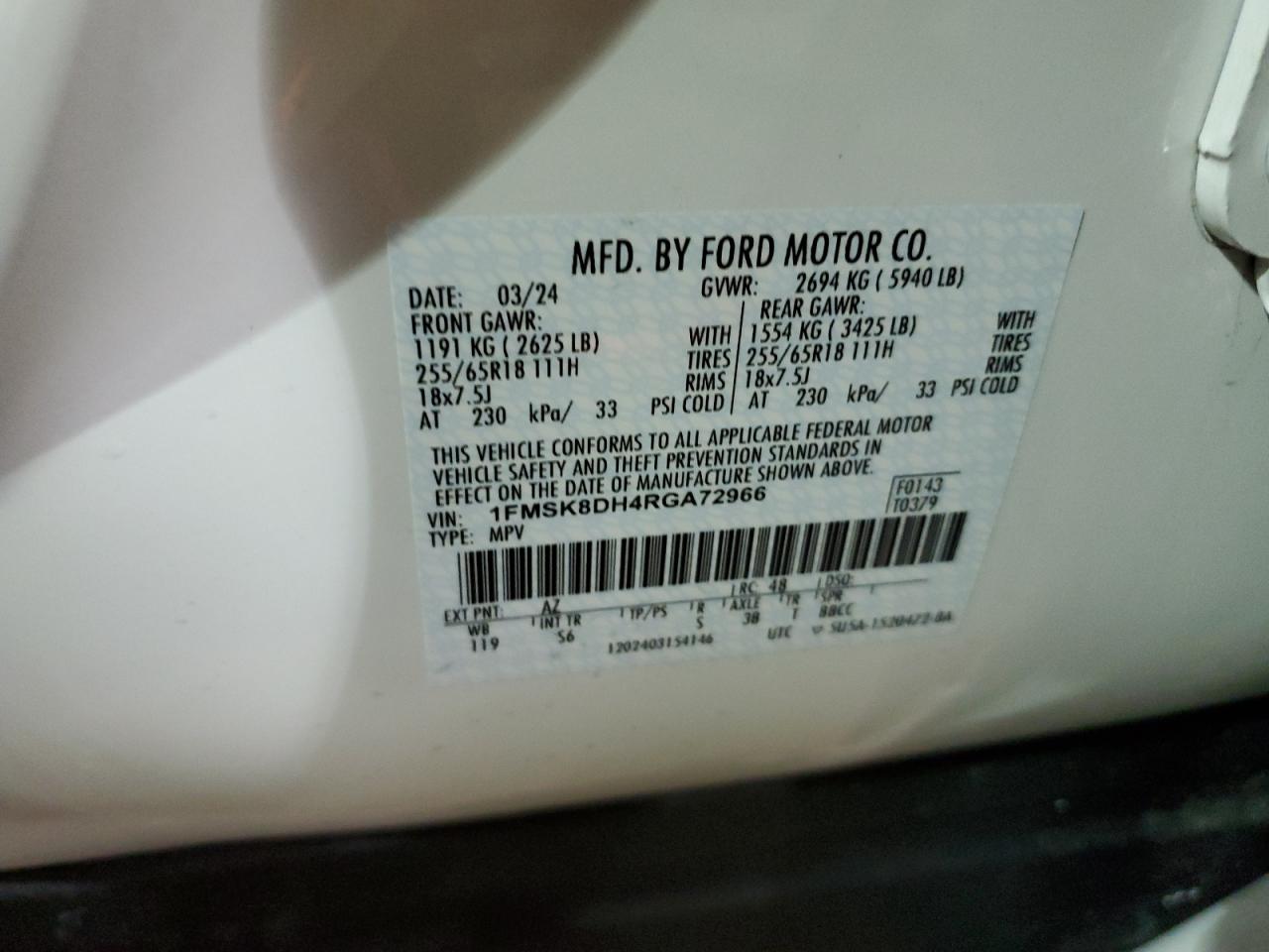 2024 FORD EXPLORER XLT VIN:1FMSK8DH4RGA72966