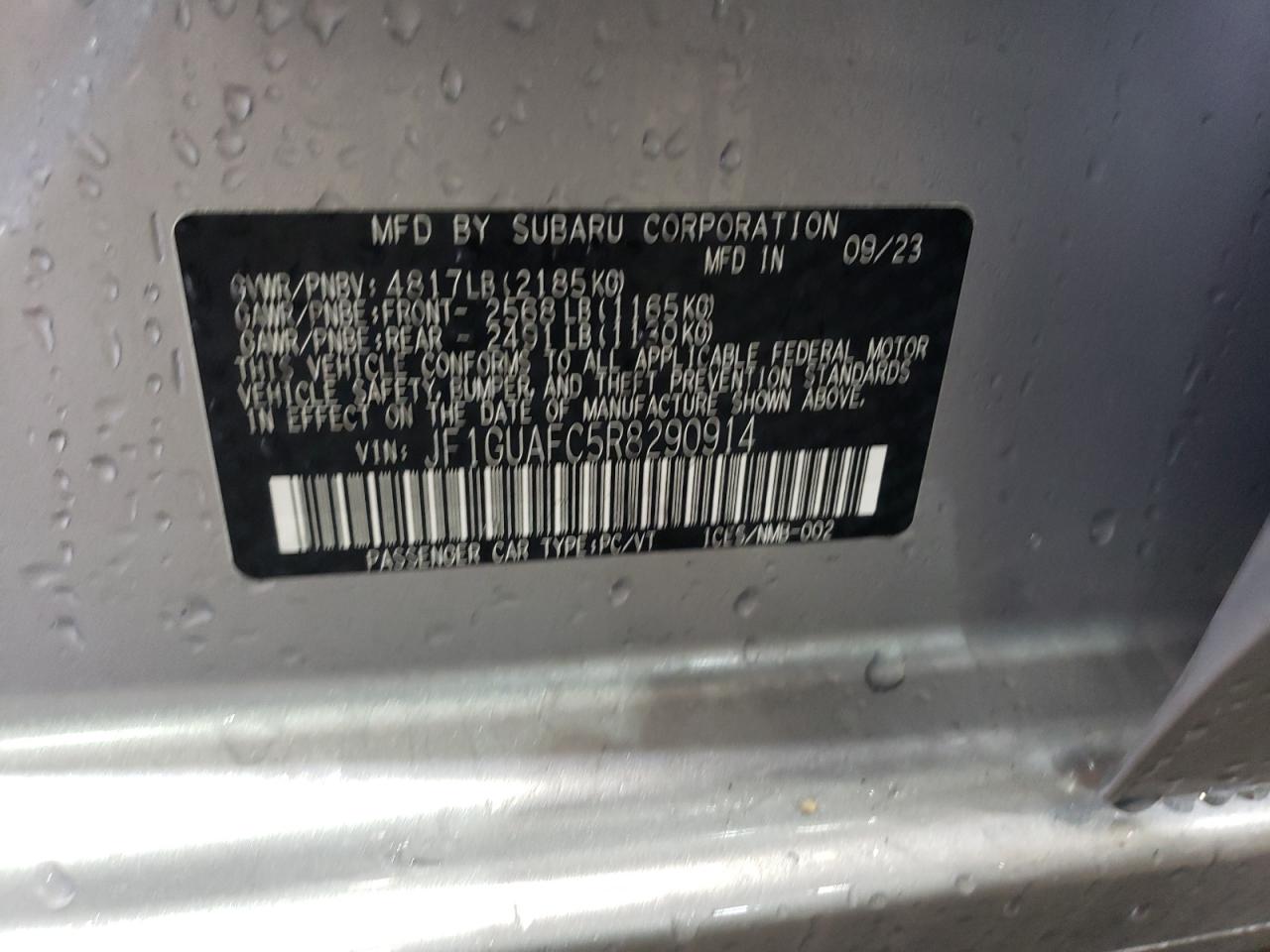 2024 SUBARU IMPREZA SPORT VIN:JF1GUAFC5R8290914