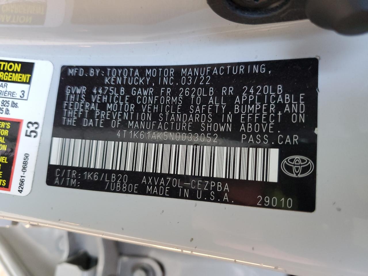 2022 TOYOTA CAMRY XSE VIN:4T1K61AK5NU033052