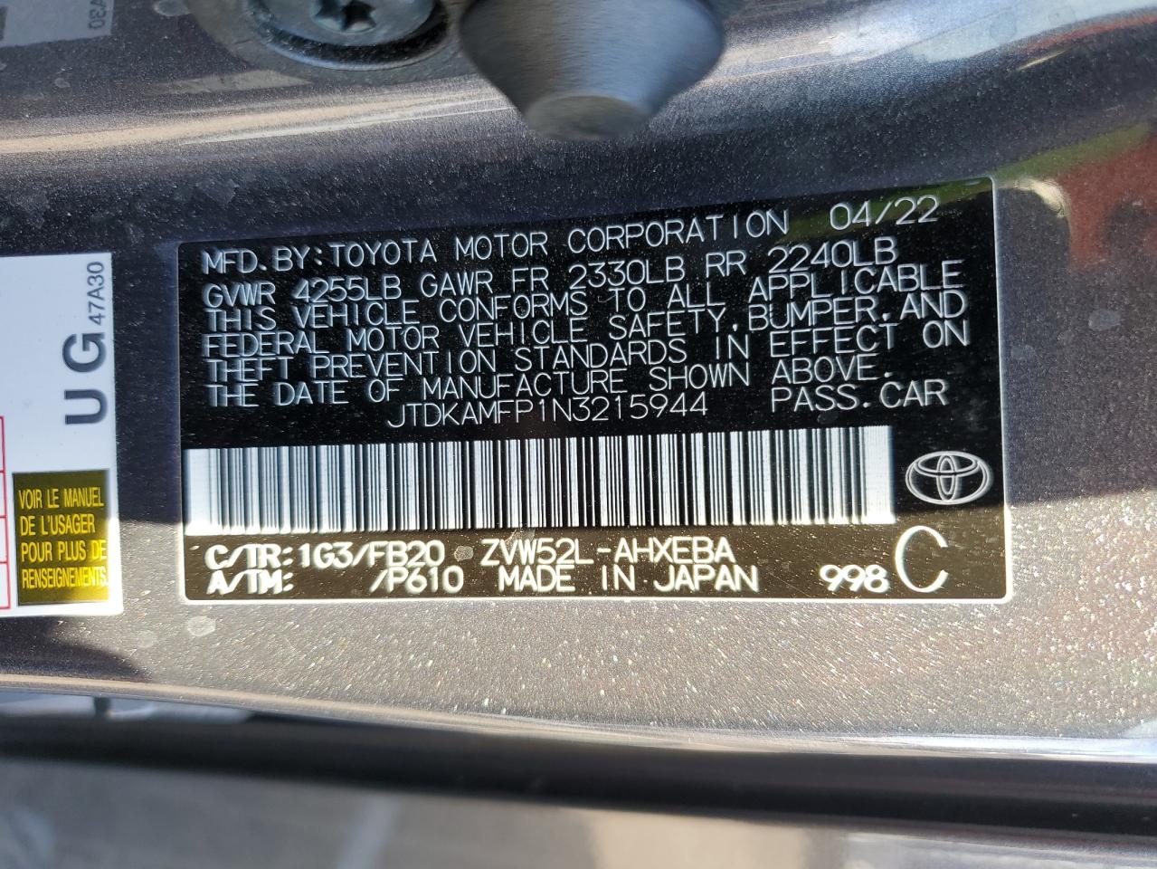 2022 TOYOTA PRIUS PRIME LE VIN:JTDKAMFP1N3215944