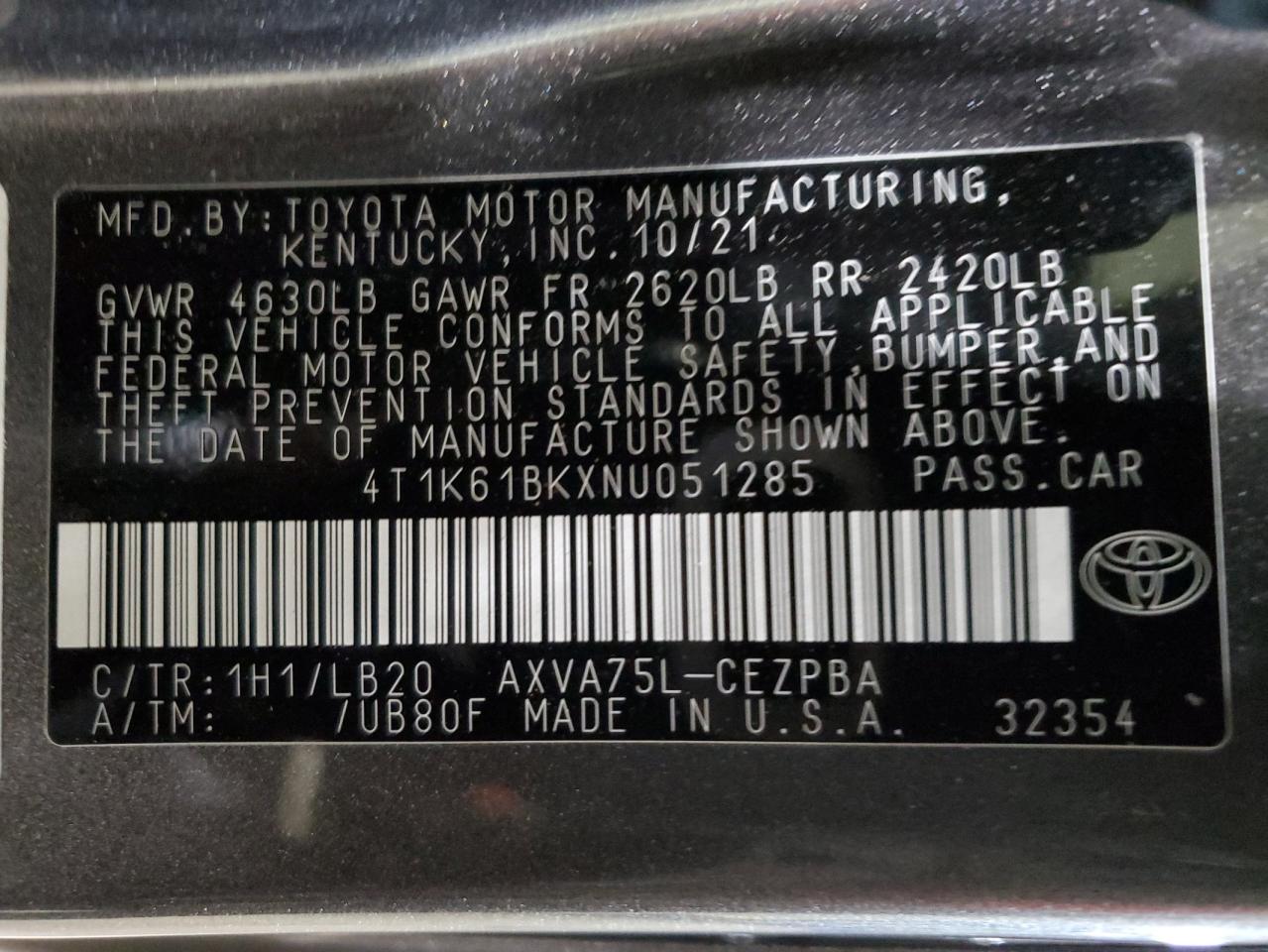 2022 TOYOTA CAMRY XSE VIN:4T1K61BKXNU051285