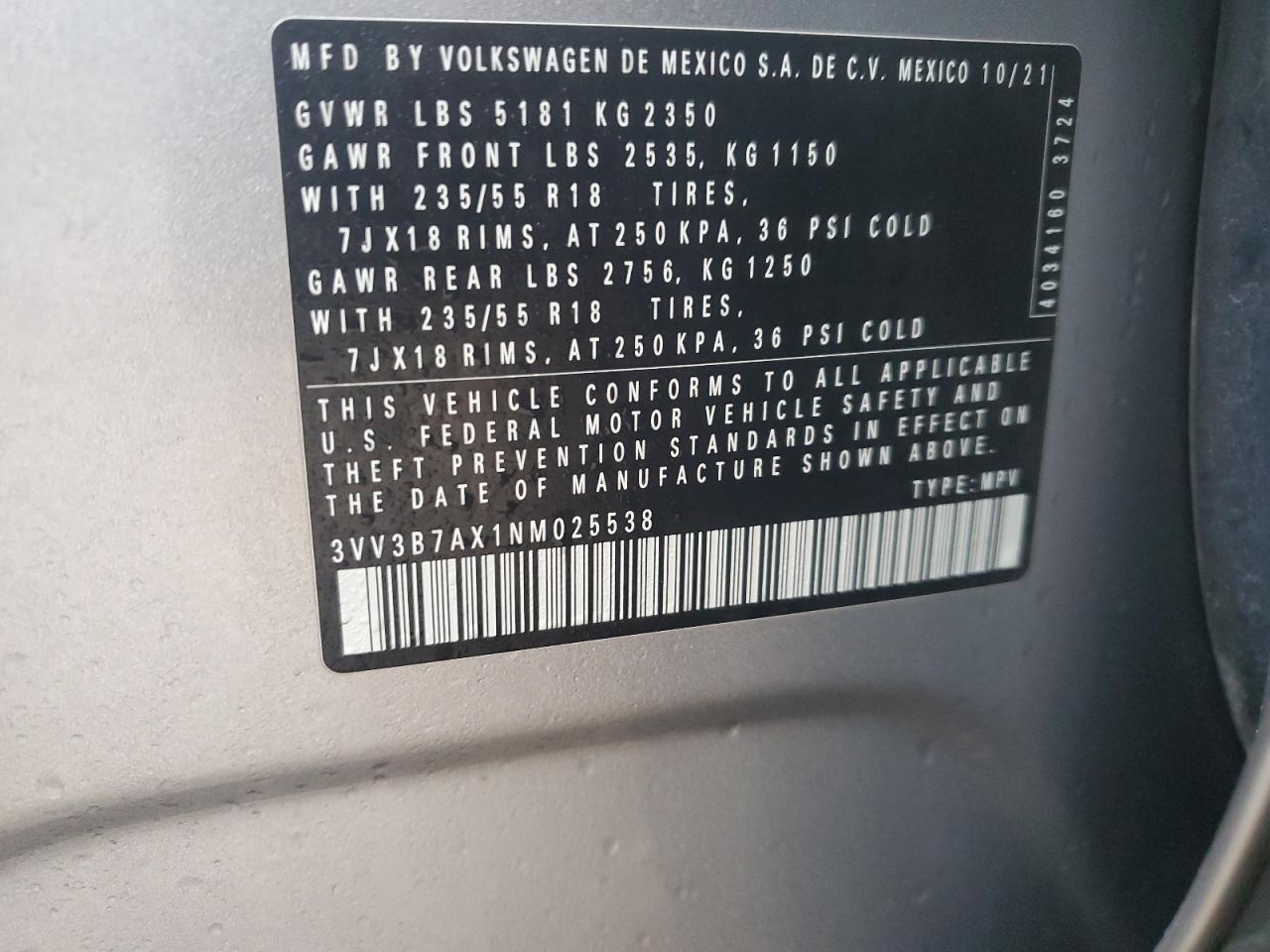 2022 VOLKSWAGEN TIGUAN SE VIN:3VV3B7AX1NM025538