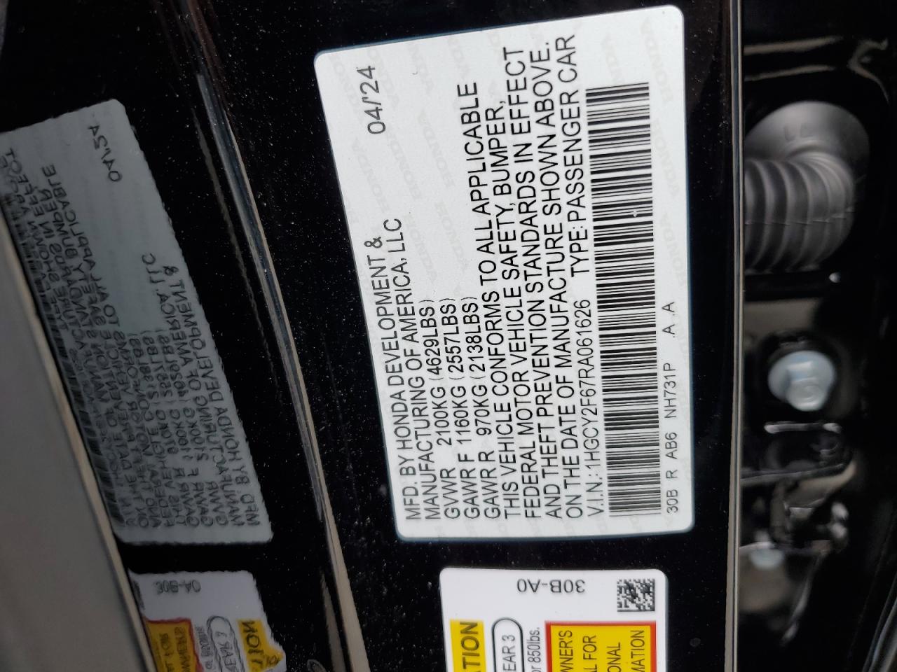 2024 HONDA ACCORD HYBRID EXL VIN:1HGCY2F67RA061626