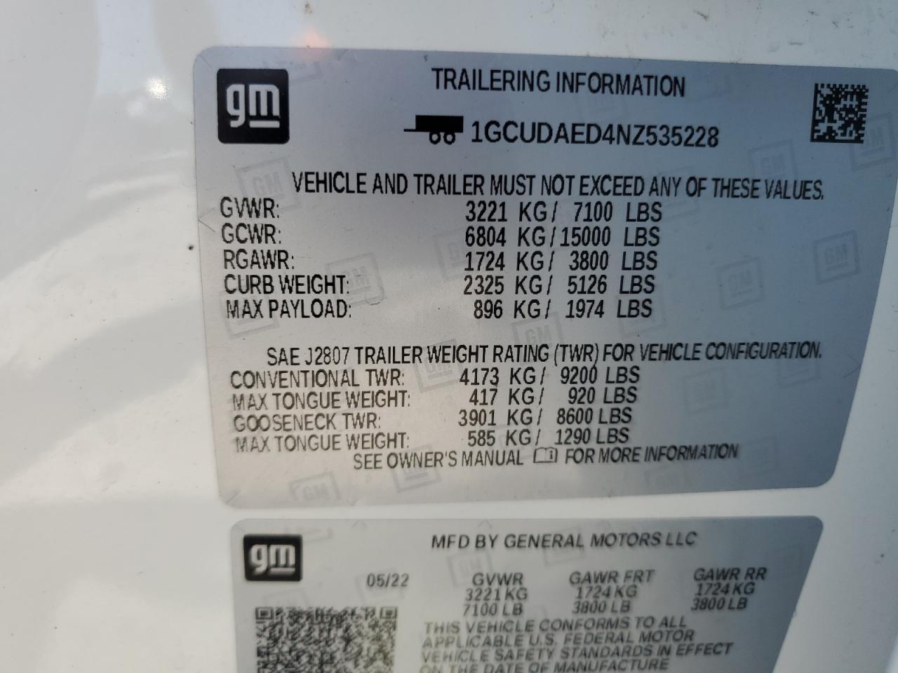 2022 CHEVROLET SILVERADO K1500 VIN:1GCUDAED4NZ535228