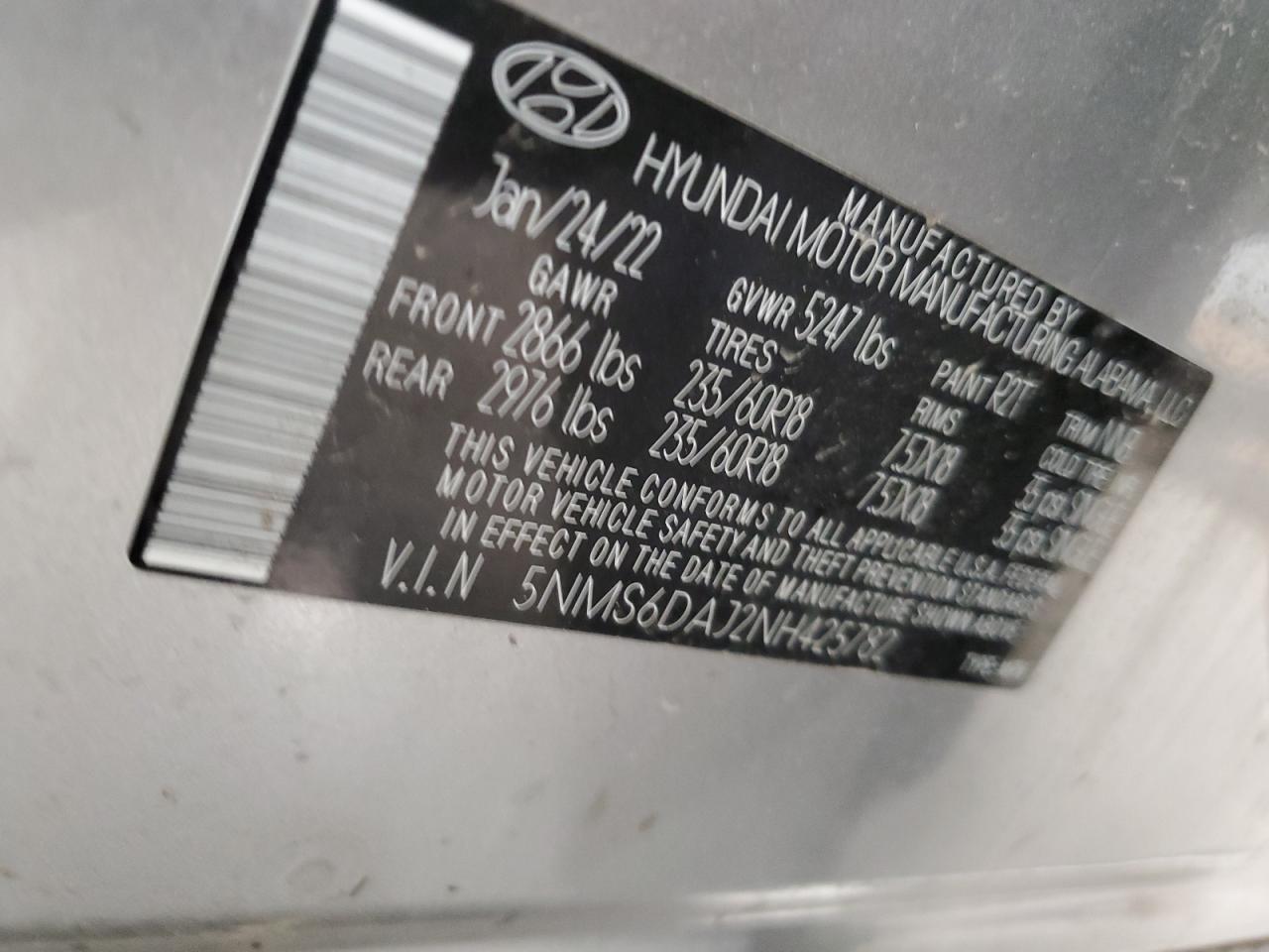 2022 HYUNDAI SANTA FE SEL VIN:5NMS6DAJ2NH425782