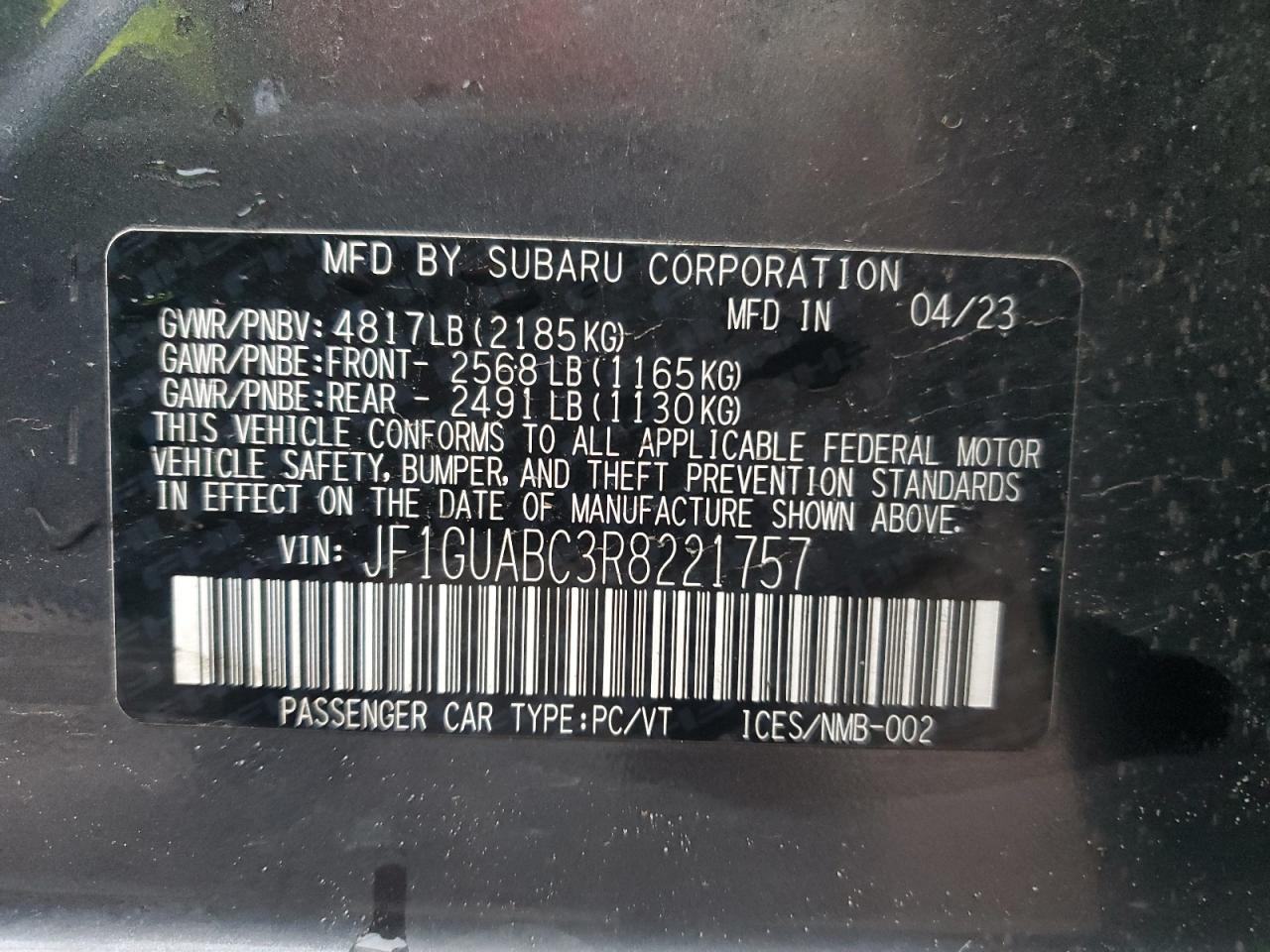 2024 SUBARU IMPREZA  VIN:JF1GUABC3R8221757