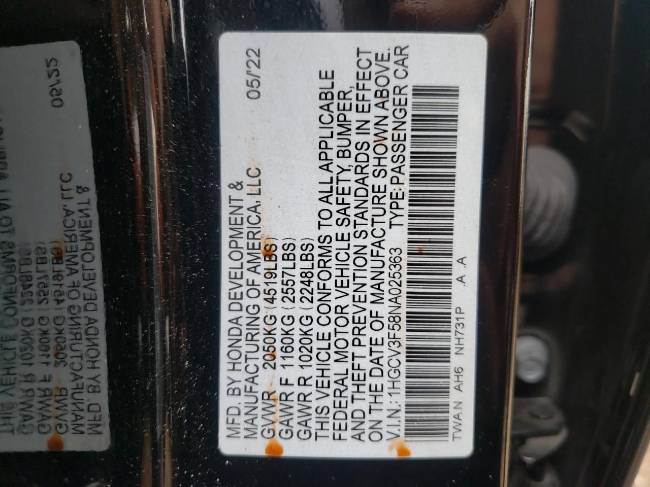 2022 HONDA ACCORD HYBRID EXL VIN:1HGCV3F58NA025363