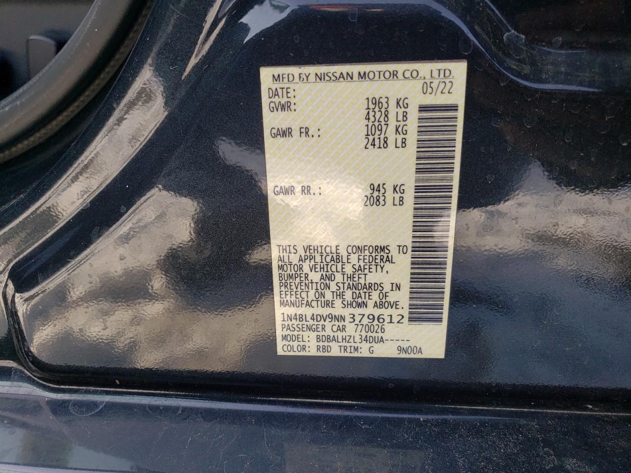 2022 NISSAN ALTIMA SV VIN:1N4BL4DV9NN379612