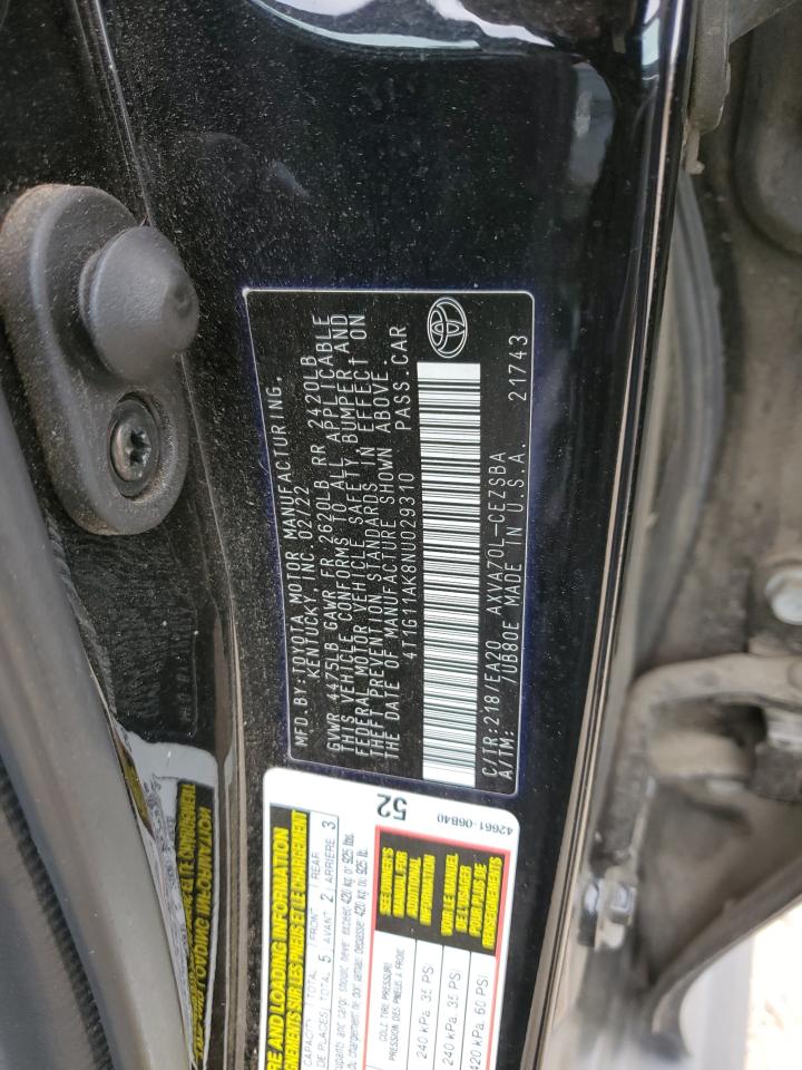 2022 TOYOTA CAMRY SE VIN:4T1G11AK8NU029310