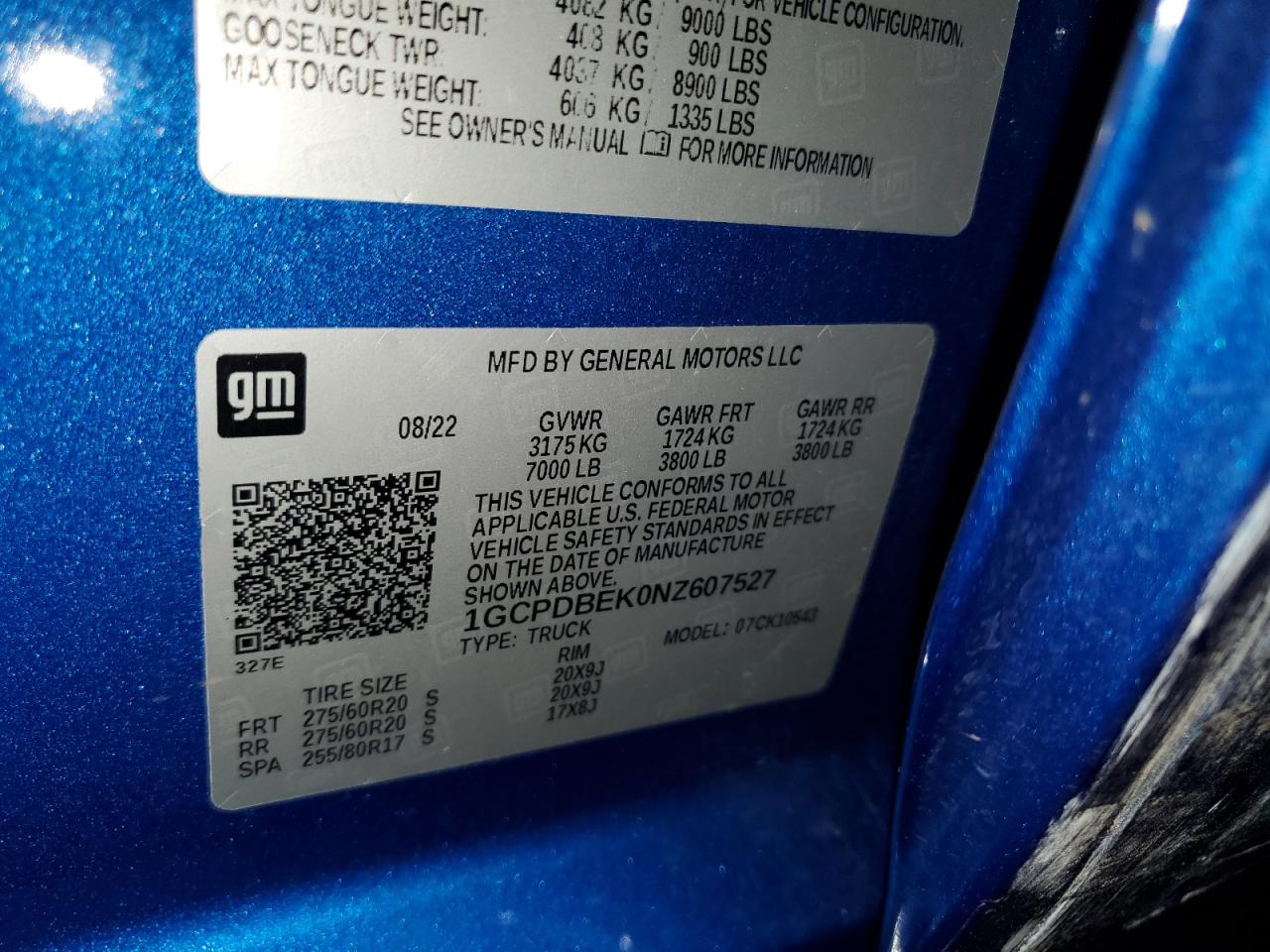 2022 CHEVROLET SILVERADO K1500 CUSTOM VIN:1GCPDBEK0NZ607527