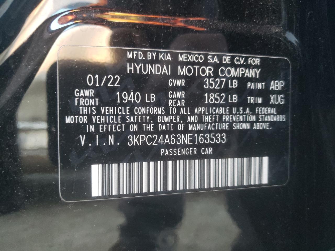 2022 HYUNDAI ACCENT SE VIN:3KPC24A63NE163533