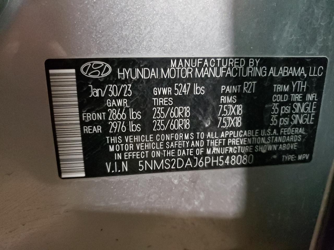 2023 HYUNDAI SANTA FE SEL VIN:5NMS2DAJ6PH548080