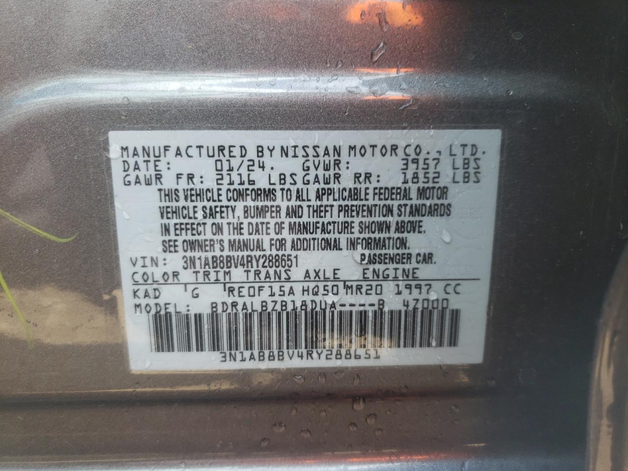 2024 NISSAN SENTRA S VIN:3N1AB8BV4RY288651