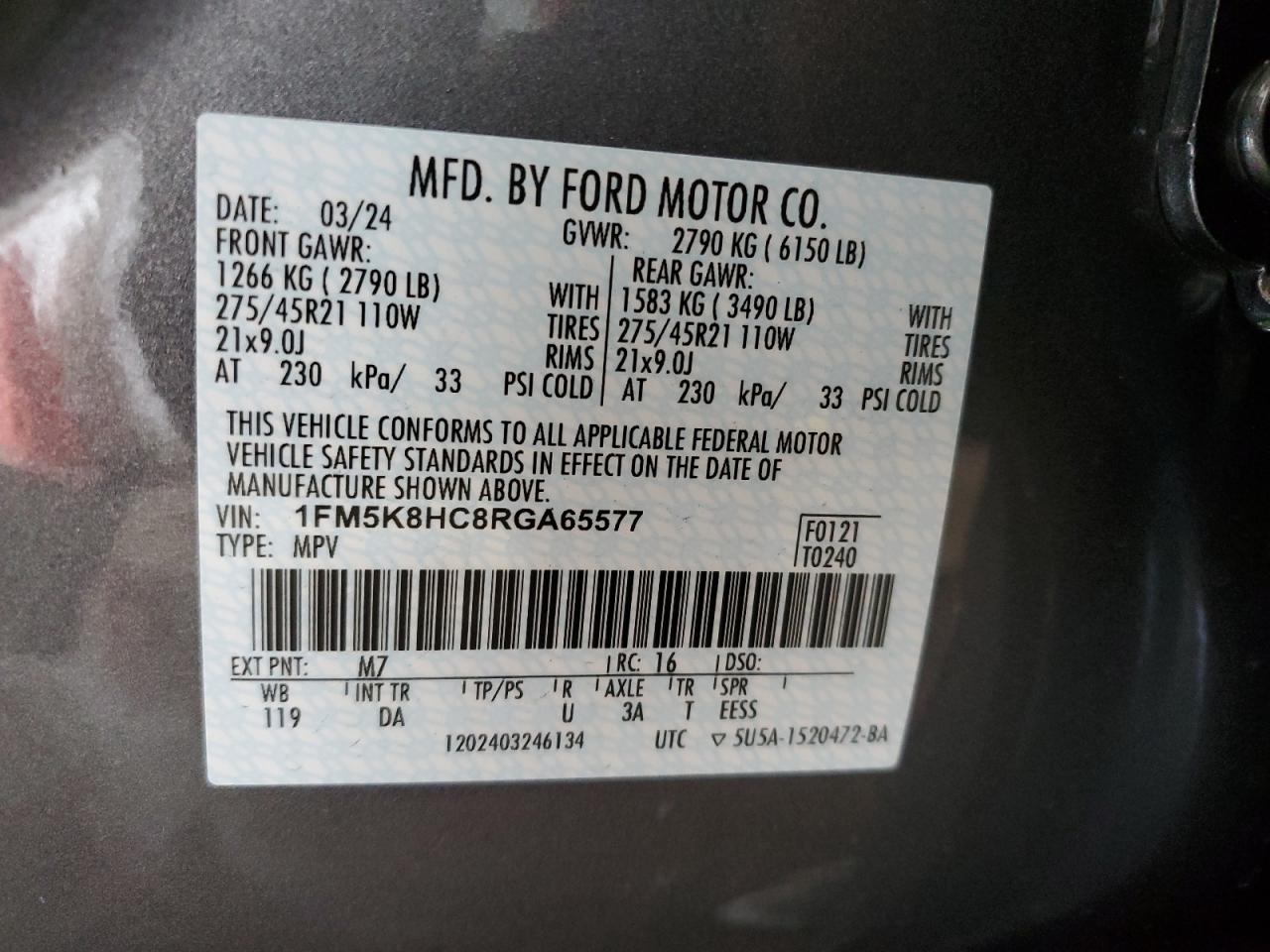 2024 FORD EXPLORER PLATINUM VIN:1FM5K8HC8RGA65577