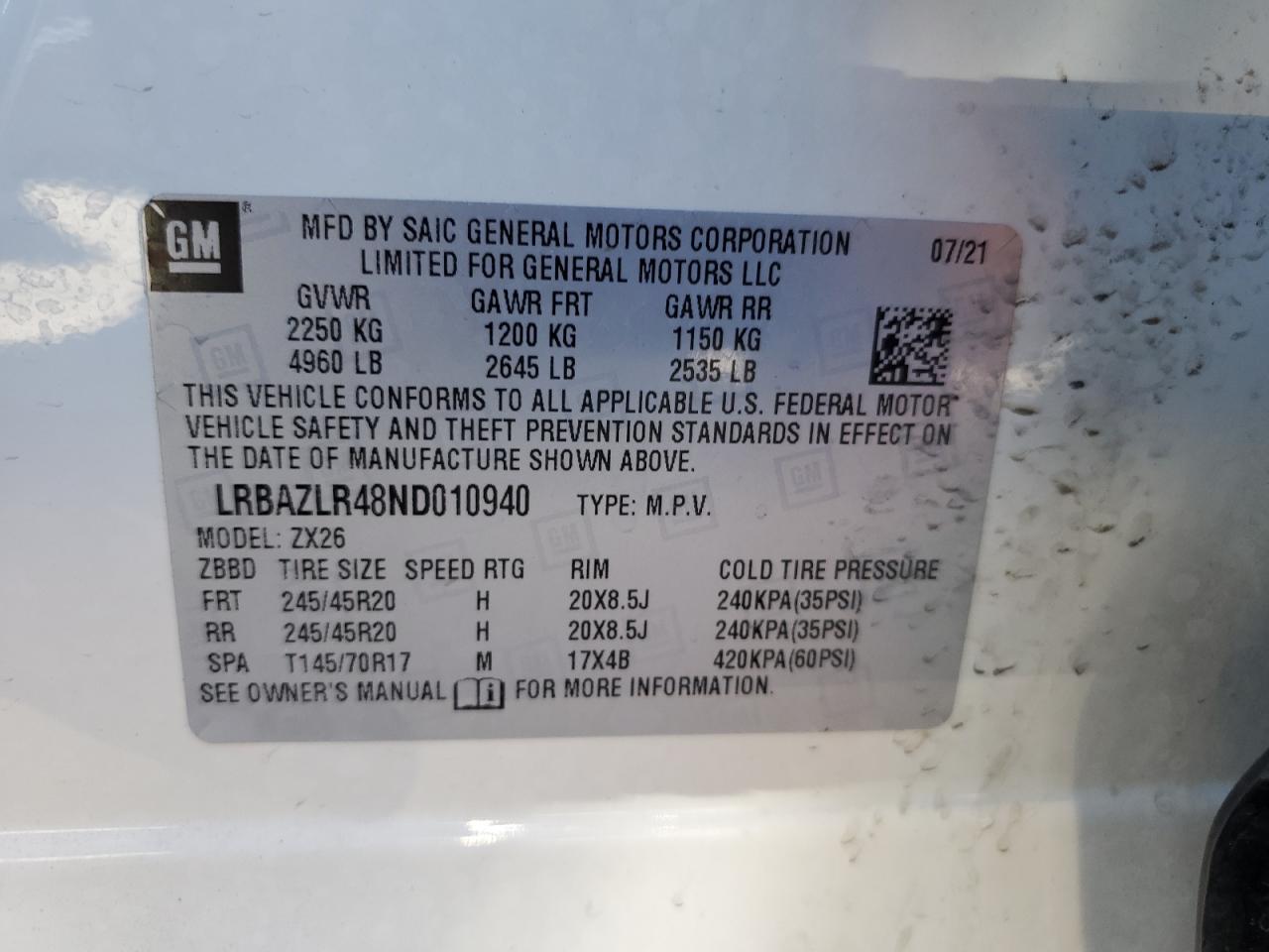 2022 BUICK ENVISION PREFERRED VIN:LRBAZLR48ND010940