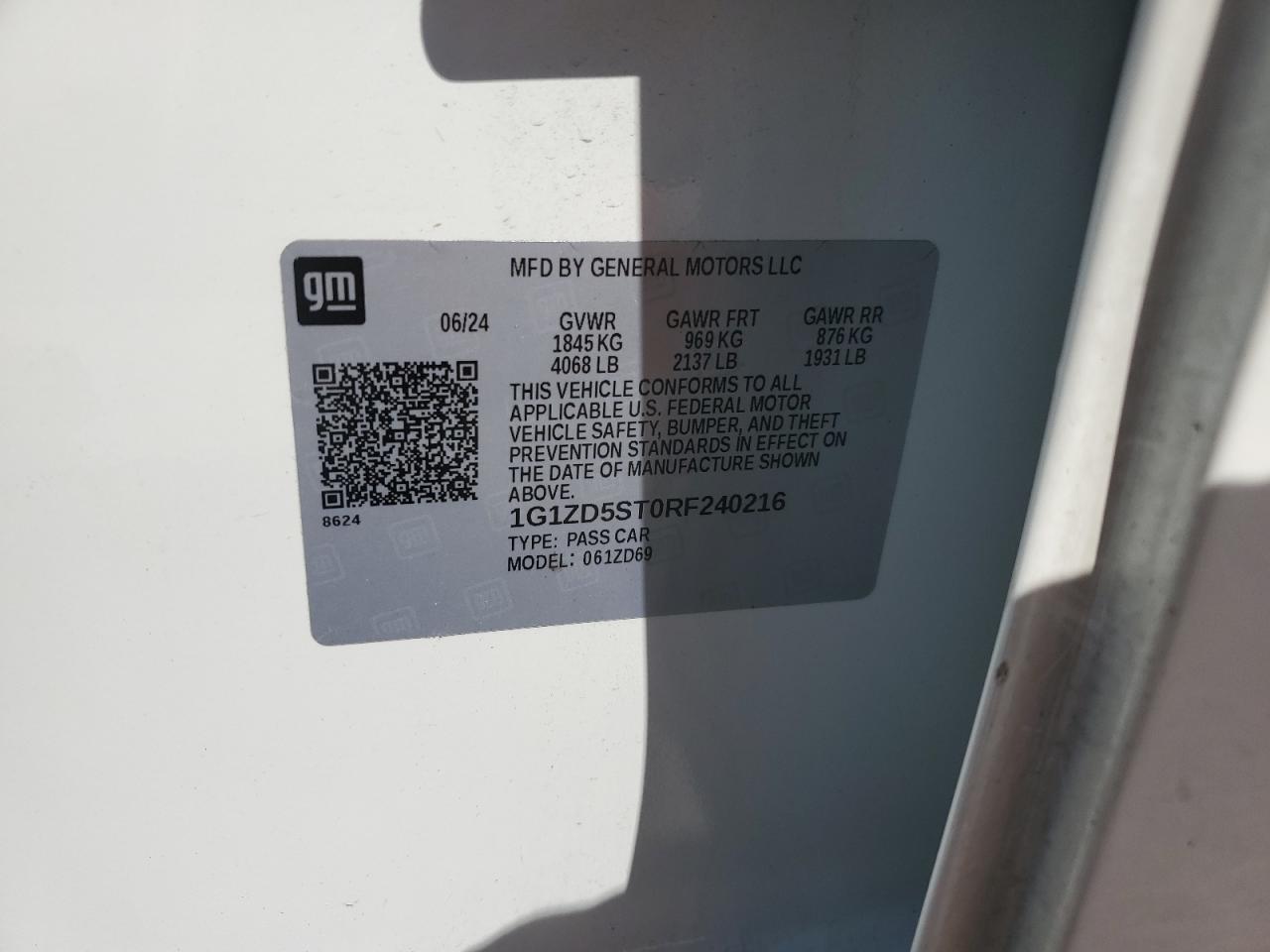 2024 CHEVROLET MALIBU LT VIN:1G1ZD5ST0RF240216