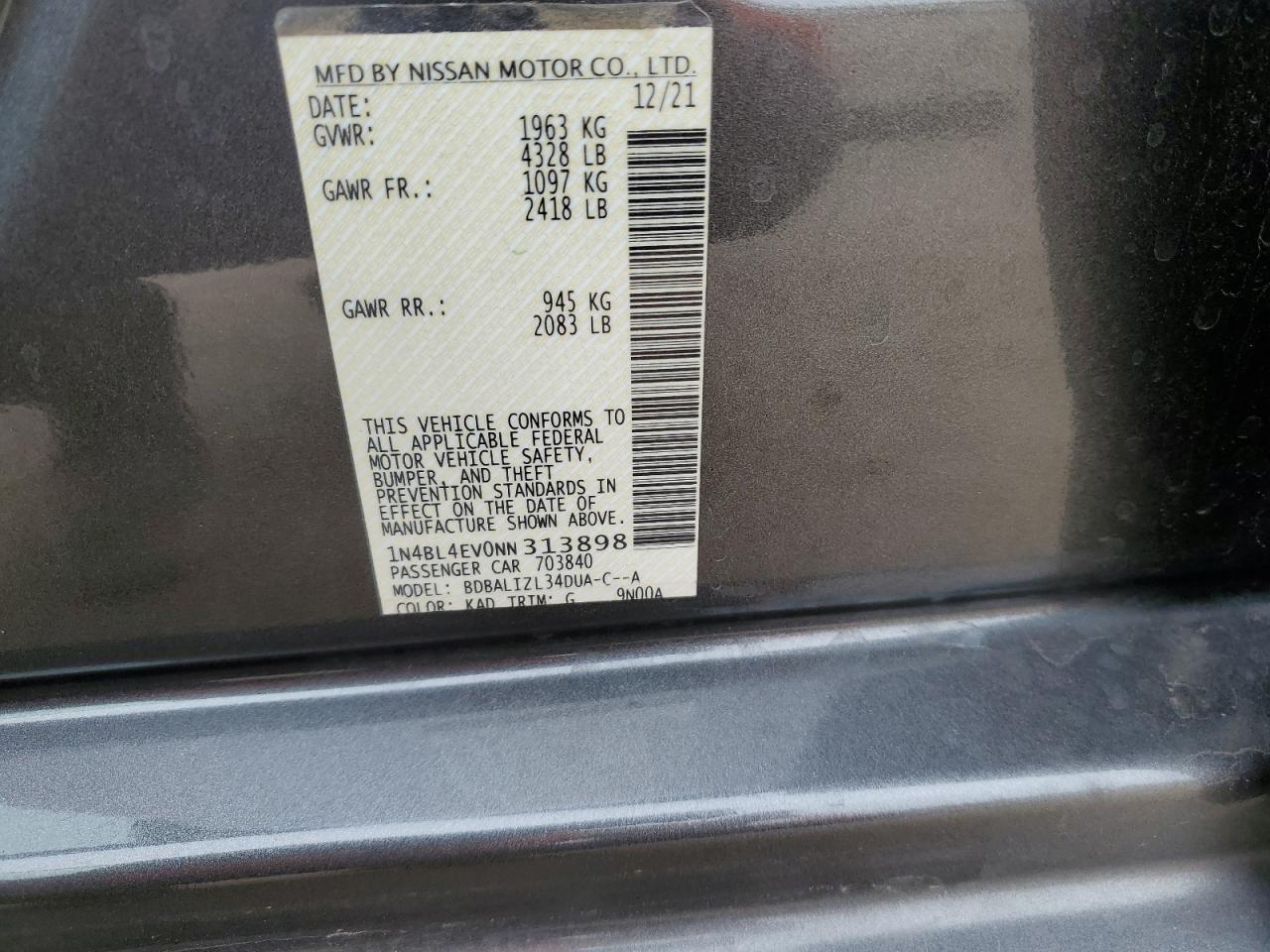 2022 NISSAN ALTIMA SL VIN:1N4BL4EV0NN313898