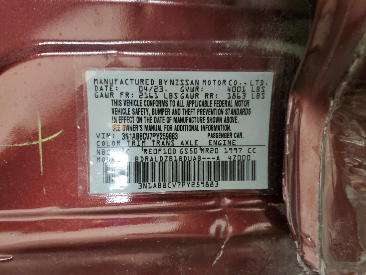 2023 NISSAN SENTRA SV VIN:3N1AB8CV7PY259883